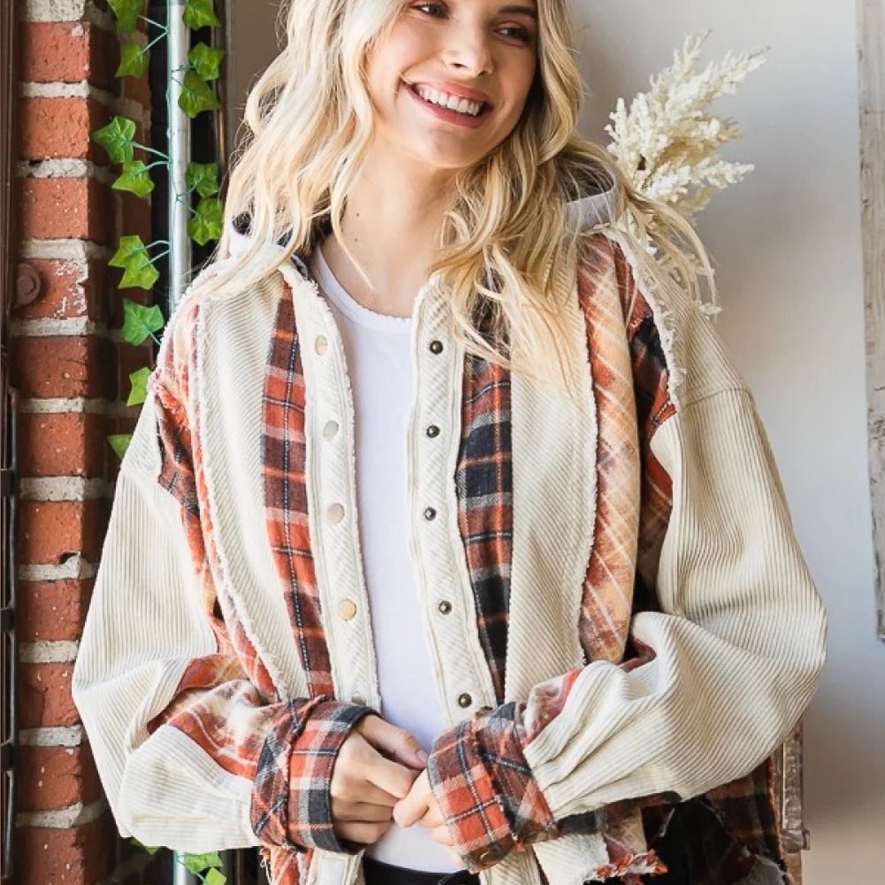Oil & Hali Corduroy & Rust Plaid Hooded Jacket